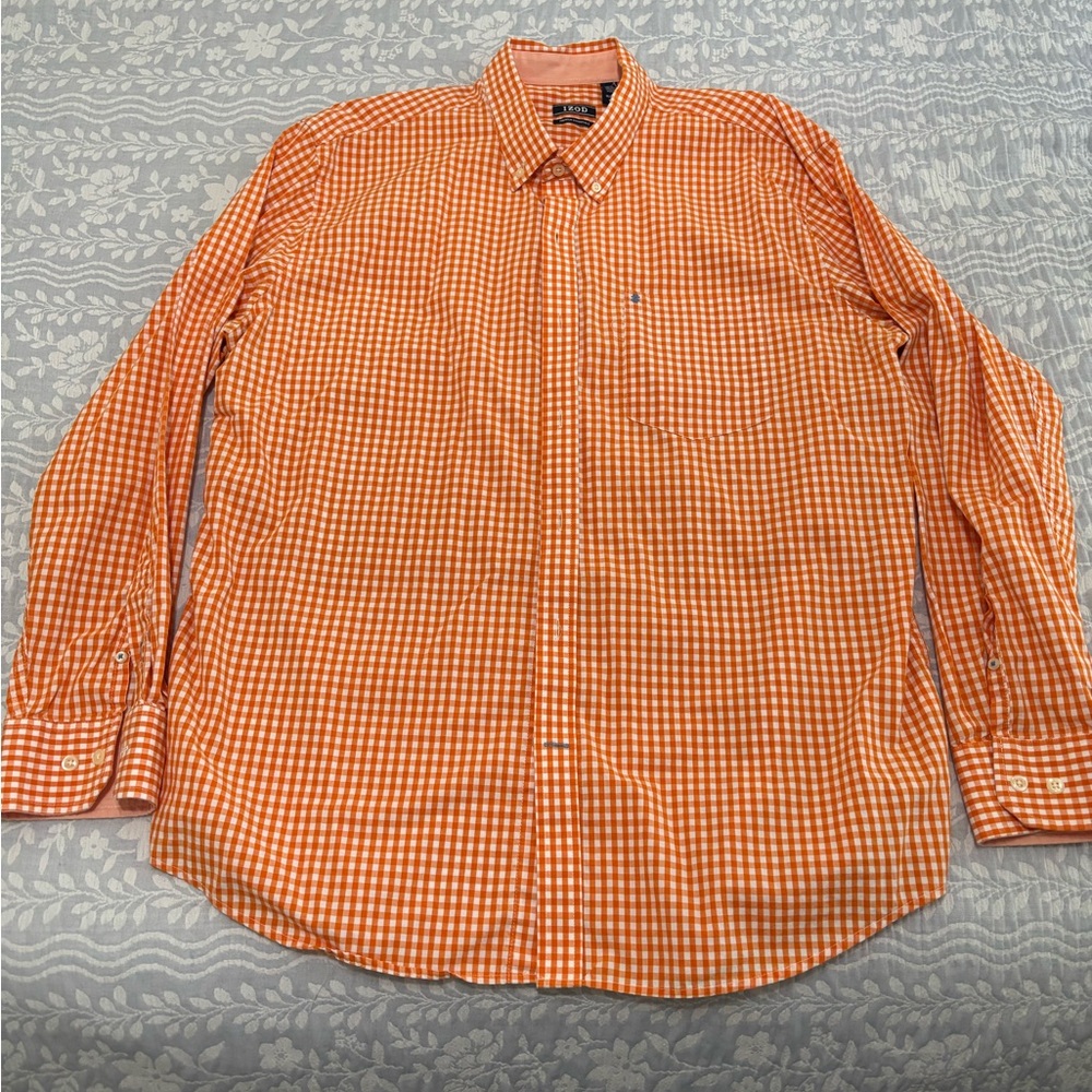 Izod Orange Casual Button Down Shirt Vibrant Gingham